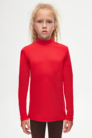 Açık Kırmızı Basic Kışlık Yarım Balıkçı Yaka Uzun Kollu Kız Çocuk Tişört