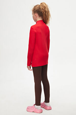 Açık Kırmızı Basic Kışlık Yarım Balıkçı Yaka Uzun Kollu Kız Çocuk Tişört