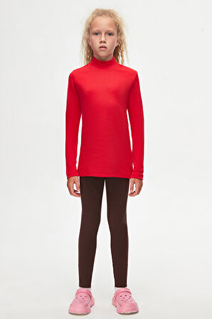 Açık Kırmızı Basic Kışlık Yarım Balıkçı Yaka Uzun Kollu Kız Çocuk Tişört