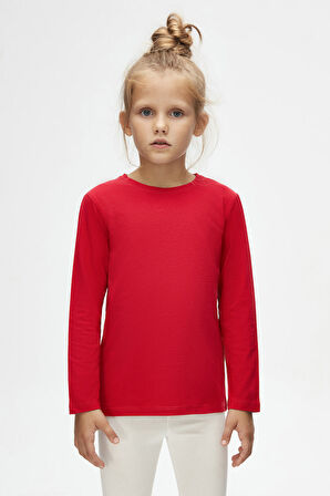 Açık Kırmızı Basic Unisex Çocuk Mevsimlik Sıfır Yaka Uzun Kollu Tişört