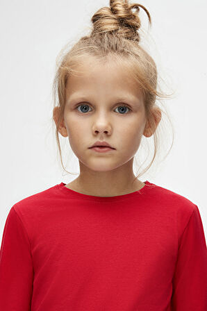 Açık Kırmızı Basic Unisex Çocuk Mevsimlik Sıfır Yaka Uzun Kollu Tişört