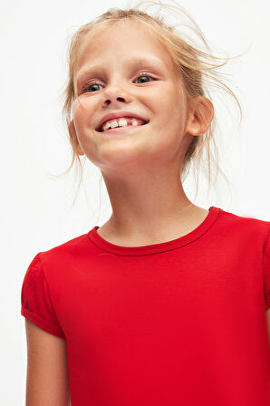Açık Kırmızı Basic Kız Çocuk Sıfır Yaka Karpuz Kol Tişört