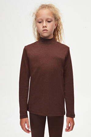 Kahverengi Basic Kışlık Yarım Balıkçı Yaka Uzun Kollu Kız Çocuk Tişört