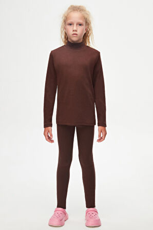 Kahverengi Basic Kışlık Yarım Balıkçı Yaka Uzun Kollu Kız Çocuk Tişört