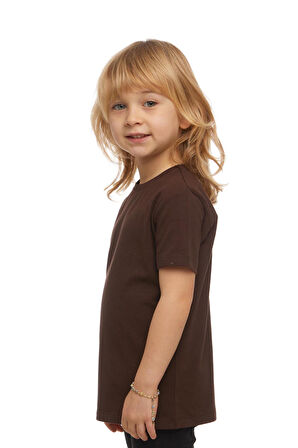 Kahverengi Basic Unisex Çocuk Sıfır Yaka Kısa Kollu Tişört