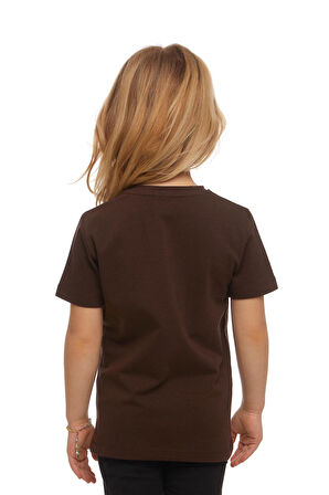 Kahverengi Basic Unisex Çocuk Sıfır Yaka Kısa Kollu Tişört