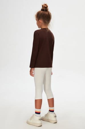 Kahverengi Basic Unisex Çocuk Mevsimlik Sıfır Yaka Uzun Kollu Tişört