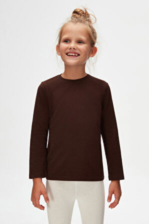 Kahverengi Basic Unisex Çocuk Mevsimlik Sıfır Yaka Uzun Kollu Tişört