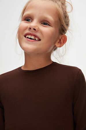 Kahverengi Basic Unisex Çocuk Mevsimlik Sıfır Yaka Uzun Kollu Tişört