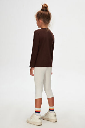 Kahverengi Basic Unisex Çocuk Mevsimlik Sıfır Yaka Uzun Kollu Tişört