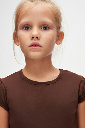 Kahverengi Basic Kız Çocuk Sıfır Yaka Karpuz Kol Tişört