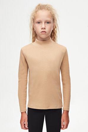 Sütlü Kahve Basic Kışlık Yarım Balıkçı Yaka Uzun Kollu Kız Çocuk Tişört