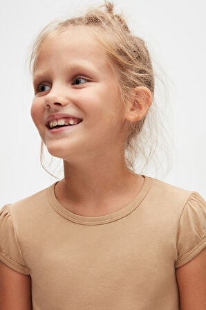 Sütlü Kahve Basic Kız Çocuk Sıfır Yaka Karpuz Kol Tişört