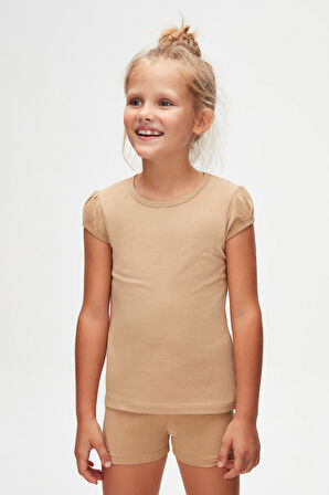 Sütlü Kahve Basic Kız Çocuk Sıfır Yaka Karpuz Kol Tişört