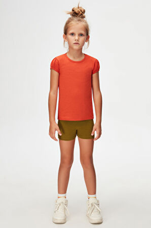 Kiremit Basic Kız Çocuk Sıfır Yaka Karpuz Kol Tişört