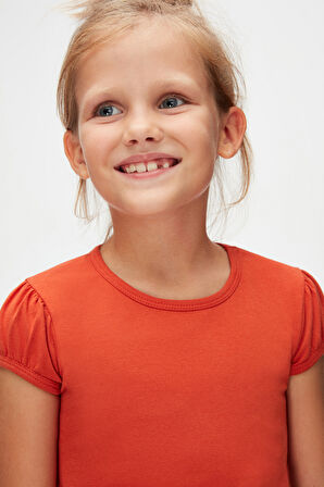 Kiremit Basic Kız Çocuk Sıfır Yaka Karpuz Kol Tişört