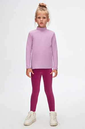 Lila Basic Kışlık Yarım Balıkçı Yaka Uzun Kollu Kız Çocuk Tişört