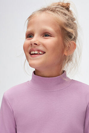 Lila Basic Kışlık Yarım Balıkçı Yaka Uzun Kollu Kız Çocuk Tişört