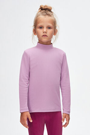 Lila Basic Kışlık Yarım Balıkçı Yaka Uzun Kollu Kız Çocuk Tişört