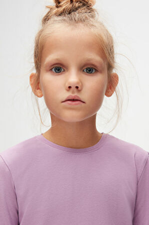 Lila Basic Unisex Çocuk Mevsimlik Sıfır Yaka Uzun Kollu Tişört