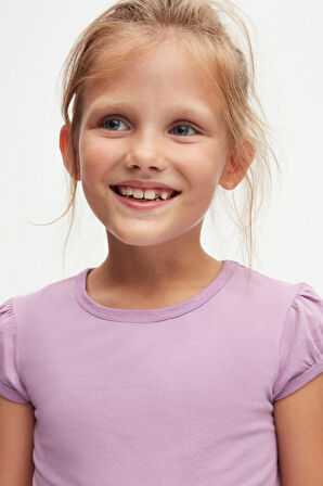 Lila Basic Kız Çocuk Sıfır Yaka Karpuz Kol Tişört