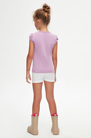 Lila Basic Kız Çocuk Sıfır Yaka Karpuz Kol Tişört