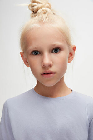 Açık Lila Basic Unisex Çocuk Mevsimlik Sıfır Yaka Uzun Kollu Tişört