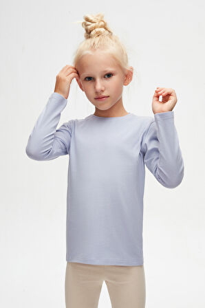 Açık Lila Basic Unisex Çocuk Mevsimlik Sıfır Yaka Uzun Kollu Tişört