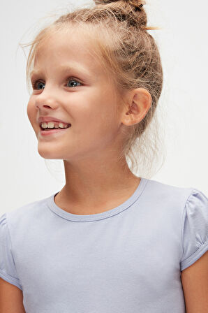 Açık Lila Basic Kız Çocuk Sıfır Yaka Karpuz Kol Tişört