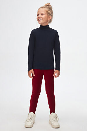 Koyu Lacivert Basic Kışlık Yarım Balıkçı Yaka Uzun Kollu Kız Çocuk Tişört