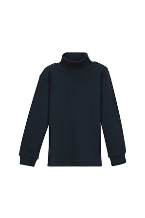 Koyu Lacivert Basic Kız Çocuk Çıtçıtlı Tam Balıkçı Yaka Şardonlu Kışlık Uzun Kollu Tişört