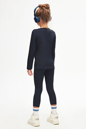 Koyu Lacivert Basic Unisex Çocuk Mevsimlik Sıfır Yaka Uzun Kollu Tişört