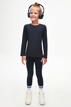 Koyu Lacivert Basic Unisex Çocuk Mevsimlik Sıfır Yaka Uzun Kollu Tişört