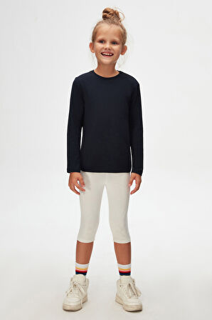 Koyu Lacivert Basic Unisex Çocuk Mevsimlik Sıfır Yaka Uzun Kollu Tişört