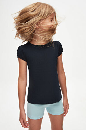 Koyu Lacivert Basic Kız Çocuk Sıfır Yaka Karpuz Kol Tişört