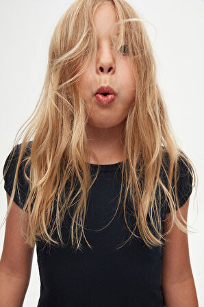 Koyu Lacivert Basic Kız Çocuk Sıfır Yaka Karpuz Kol Tişört