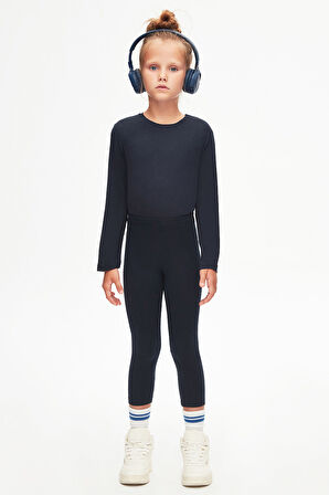 Koyu Lacivert Basic Kız Çocuk Yazlık Tayt