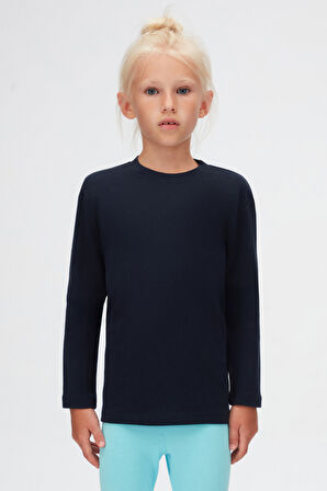 Koyu Lacivert Basic Unisex Çocuk Kışlık Sıfır Yaka Uzun Kollu Tişört