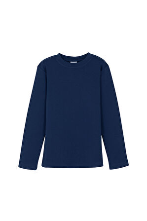 Açık Lacivert Basic Kışlık Sıfır Yaka Uzun Kollu Kız Çocuk Tişört