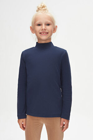 Açık Lacivert Basic Kışlık Yarım Balıkçı Yaka Uzun Kollu Kız Çocuk Tişört