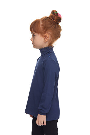 Açık Lacivert Basic Kız Çocuk Çıtçıtlı Tam Balıkçı Yaka Şardonlu Kışlık Uzun Kollu Tişört