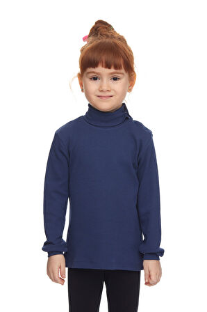 Açık Lacivert Basic Kız Çocuk Çıtçıtlı Tam Balıkçı Yaka Şardonlu Kışlık Uzun Kollu Tişört