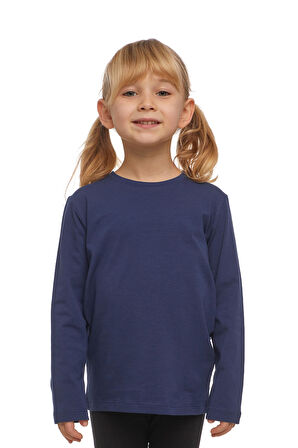 Açık Lacivert Basic Unisex Çocuk Mevsimlik Sıfır Yaka Uzun Kollu Tişört