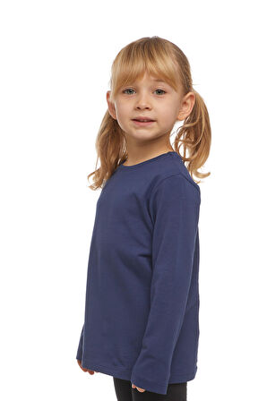 Açık Lacivert Basic Unisex Çocuk Mevsimlik Sıfır Yaka Uzun Kollu Tişört