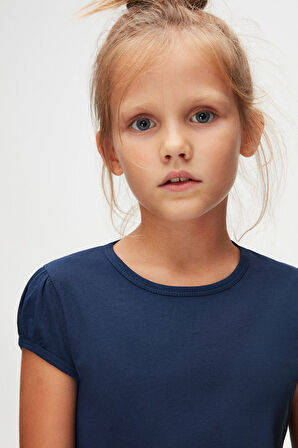 Açık Lacivert Basic Kız Çocuk Sıfır Yaka Karpuz Kol Tişört