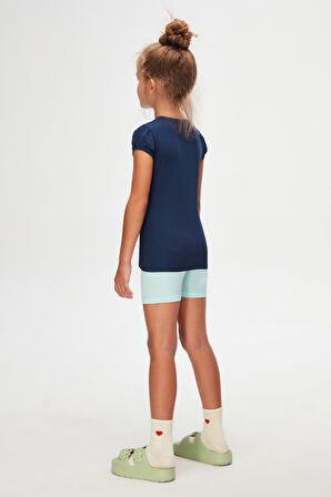 Açık Lacivert Basic Kız Çocuk Sıfır Yaka Karpuz Kol Tişört