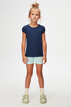 Açık Lacivert Basic Kız Çocuk Sıfır Yaka Karpuz Kol Tişört