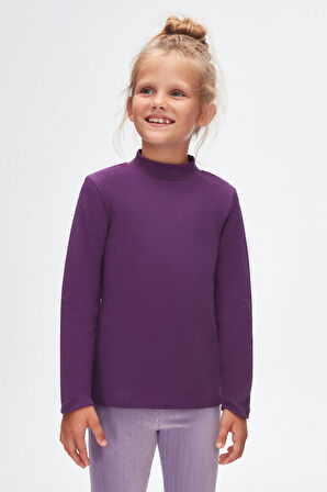 Mor Basic Kışlık Yarım Balıkçı Yaka Uzun Kollu Kız Çocuk Tişört