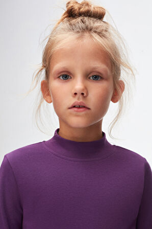 Mor Basic Kışlık Yarım Balıkçı Yaka Uzun Kollu Kız Çocuk Tişört