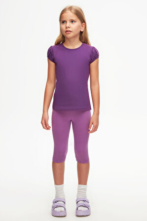 Mor Basic Kız Çocuk Sıfır Yaka Karpuz Kol Tişört